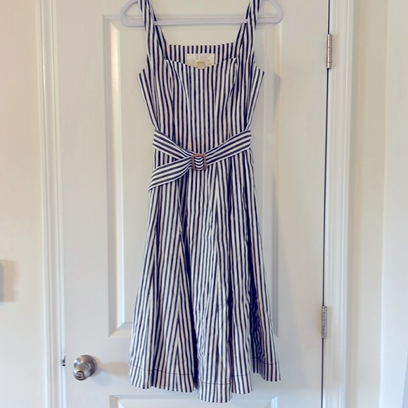 Maeve Blue/White Fowler Striped Midi dress with belt by Anthropologie - Picture 2 of 10